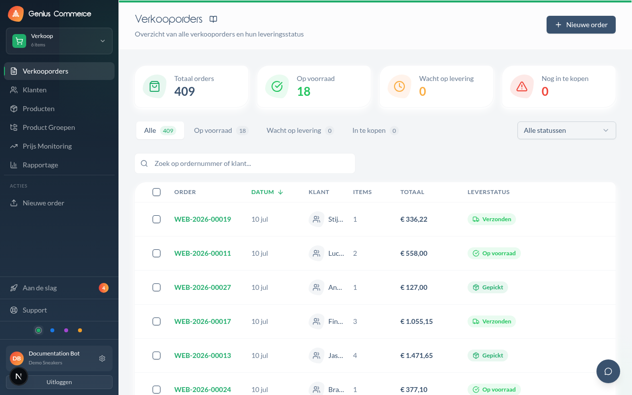 Sales order overview with delivery status.