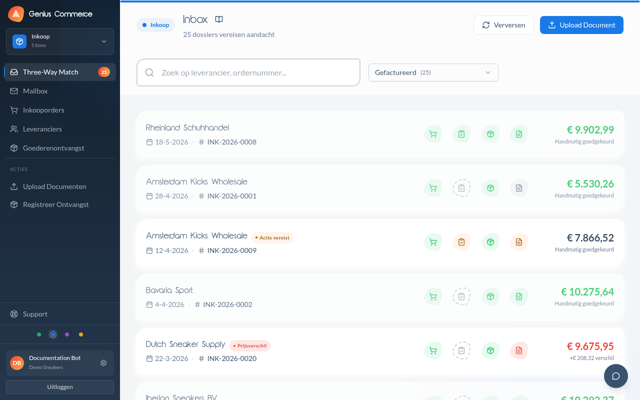 Three-way match inbox reconciling purchase orders, receipts and invoices.
