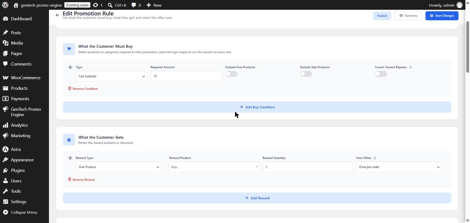 The rule editor: conditions on top, rewards below (here a Cart Subtotal condition with a Give Product reward).