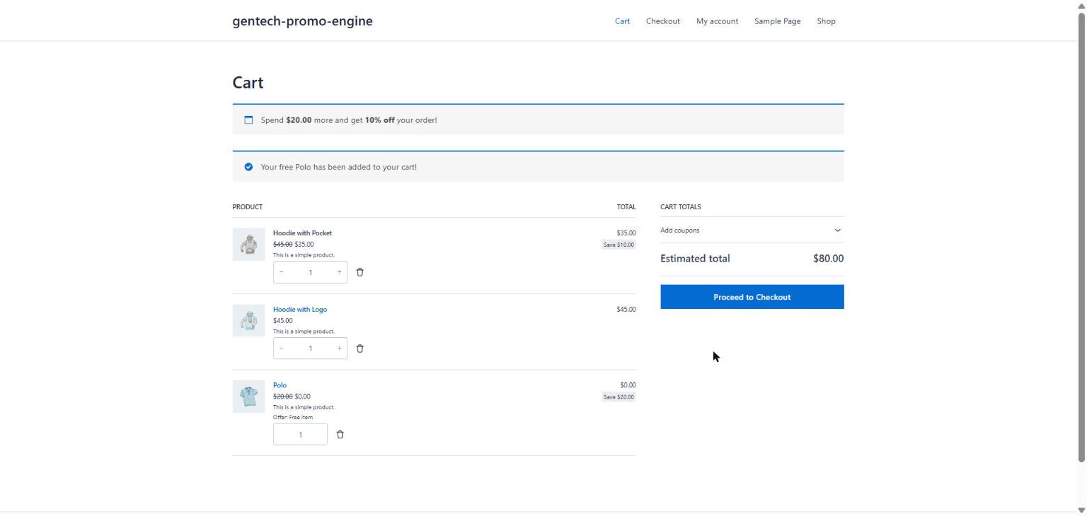 Cart page: the free gift is added automatically at $0.00 and a "spend more" message nudges the customer toward the next reward.