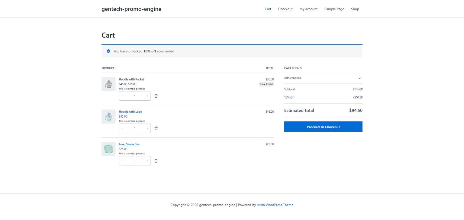 Cart page: the 10% cart discount appears as its own line in the cart totals once the order qualifies.
