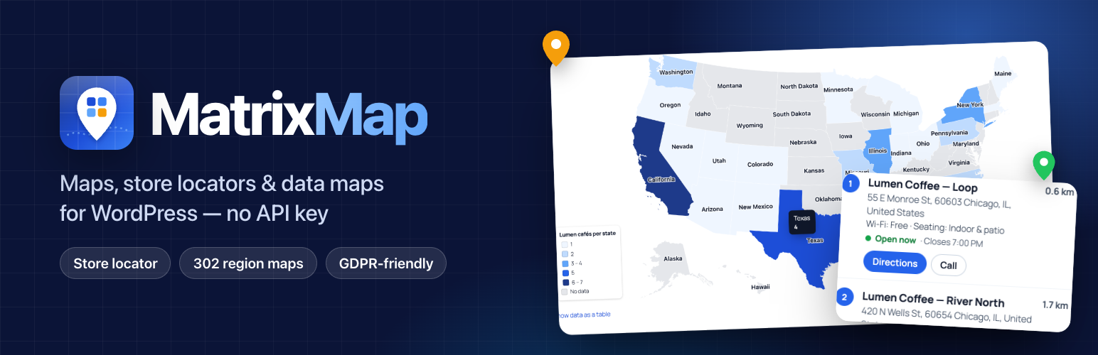 WordPress 外掛 MatrixMap – Google Maps, OpenStreetMap, Store Locator & World Maps 的封面圖片