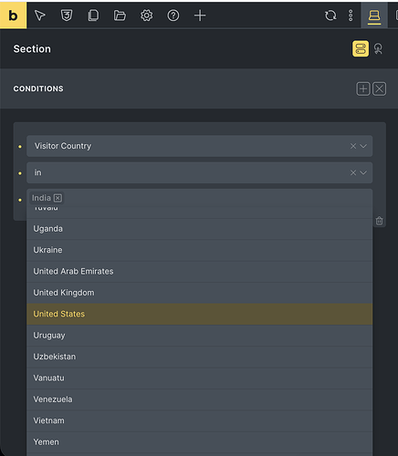 “Visitor Country” condition in Bricks UI
