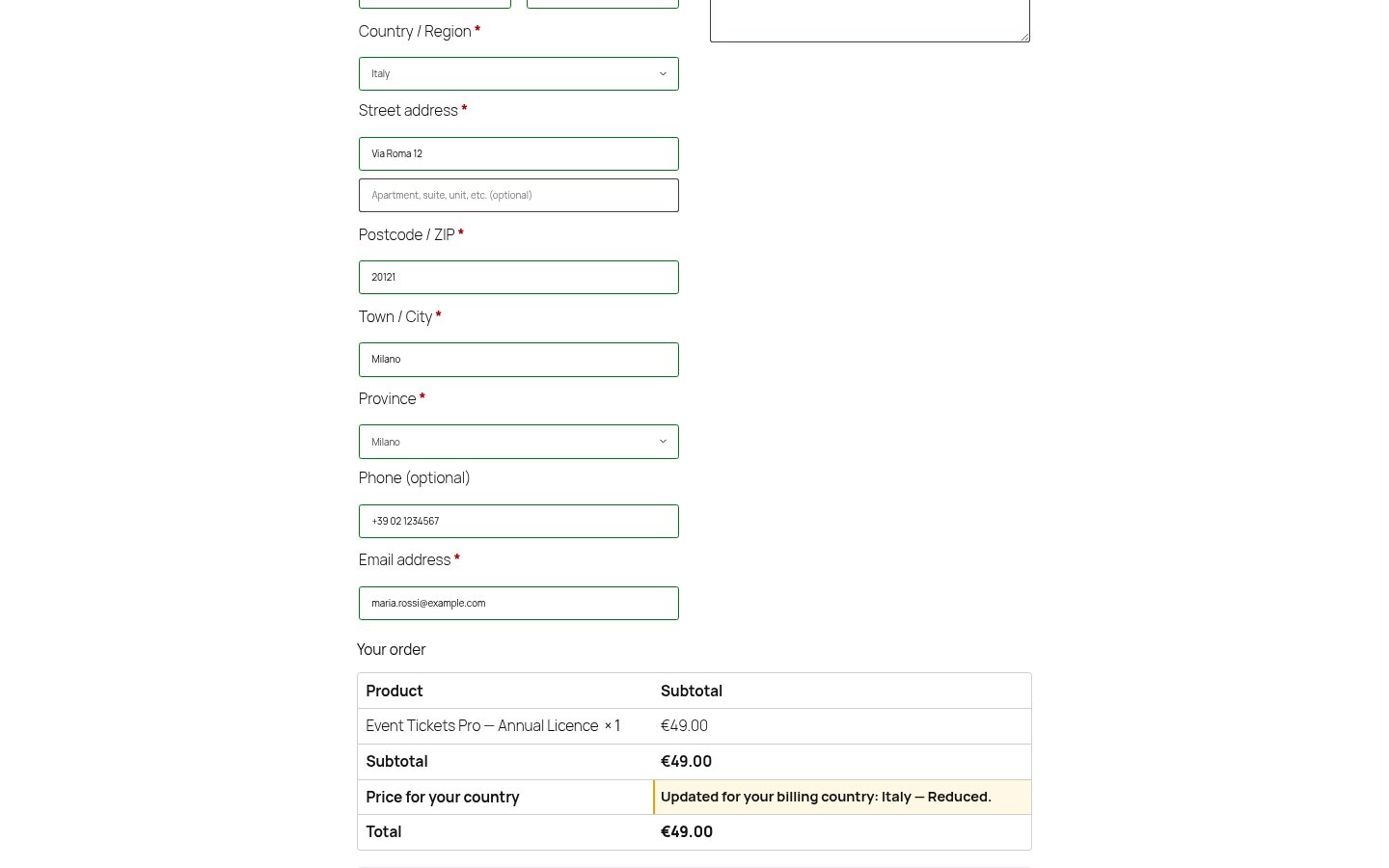 No surprises in the checkout: changing the billing country updates the price before payment, and the order review says why.