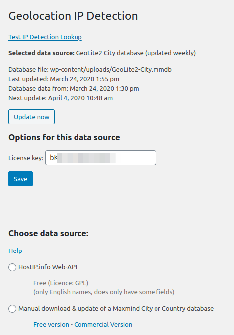 Options page (under Preferences &gt; Geolocation IP Detection)