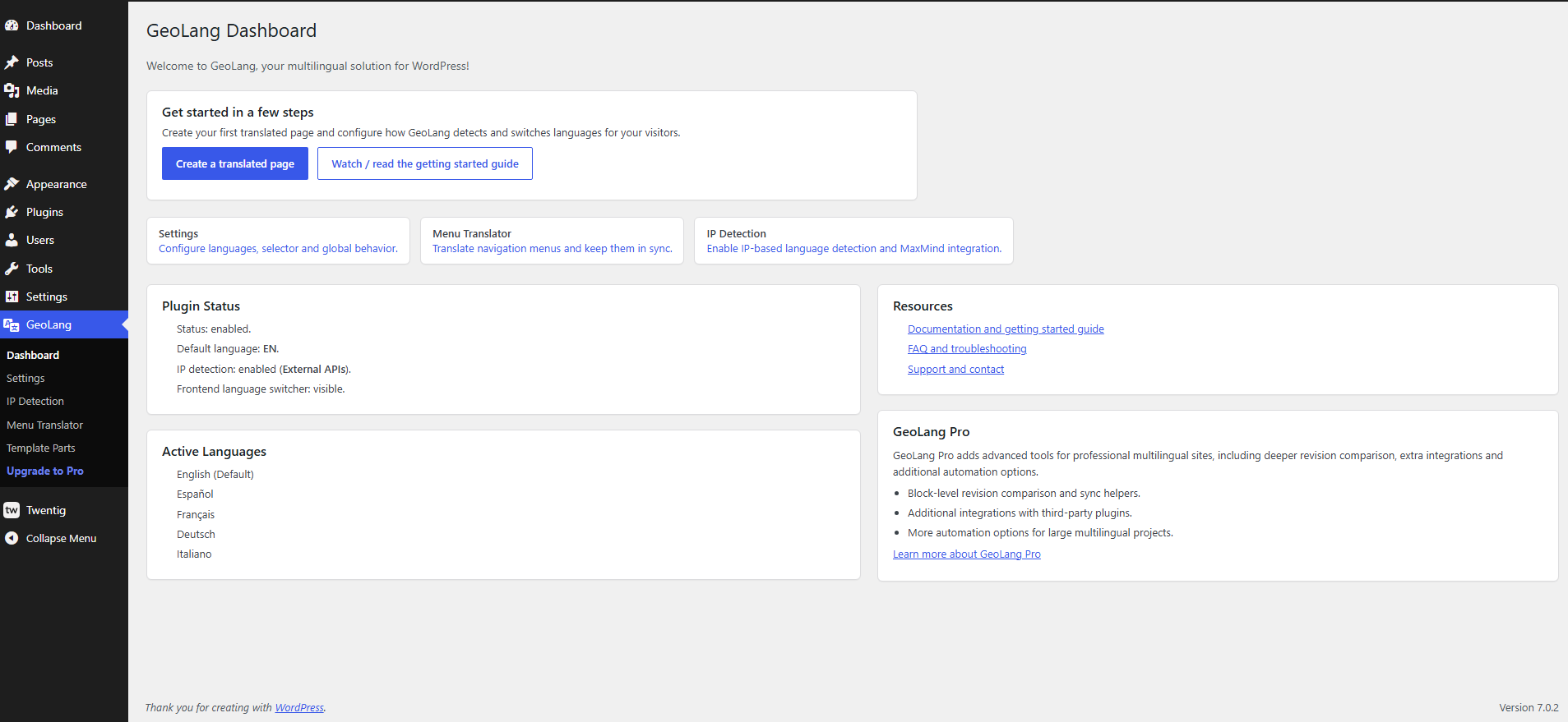 GeoLang Dashboard and plugin status