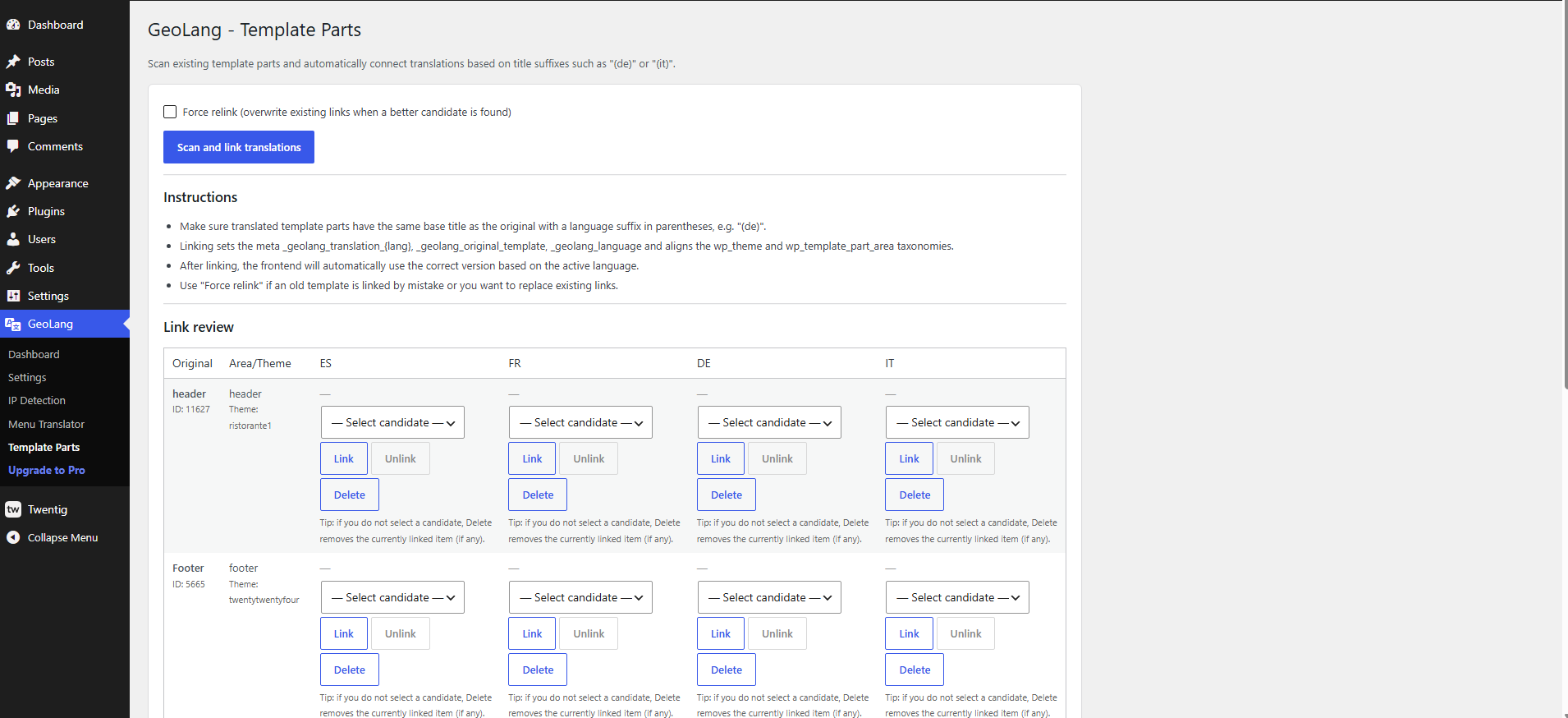 Template Parts translation and linking interface