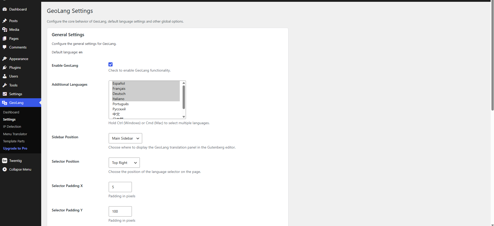General settings and language configuration