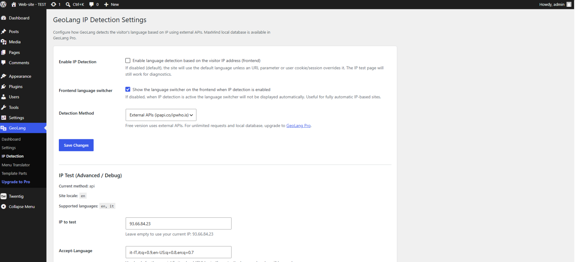 IP Detection settings page