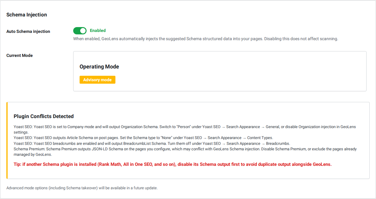 Conflict detection — GeoLens stands aside on pages where Yoast SEO, Rank Math, AIOSEO or Schema Premium already output Schema