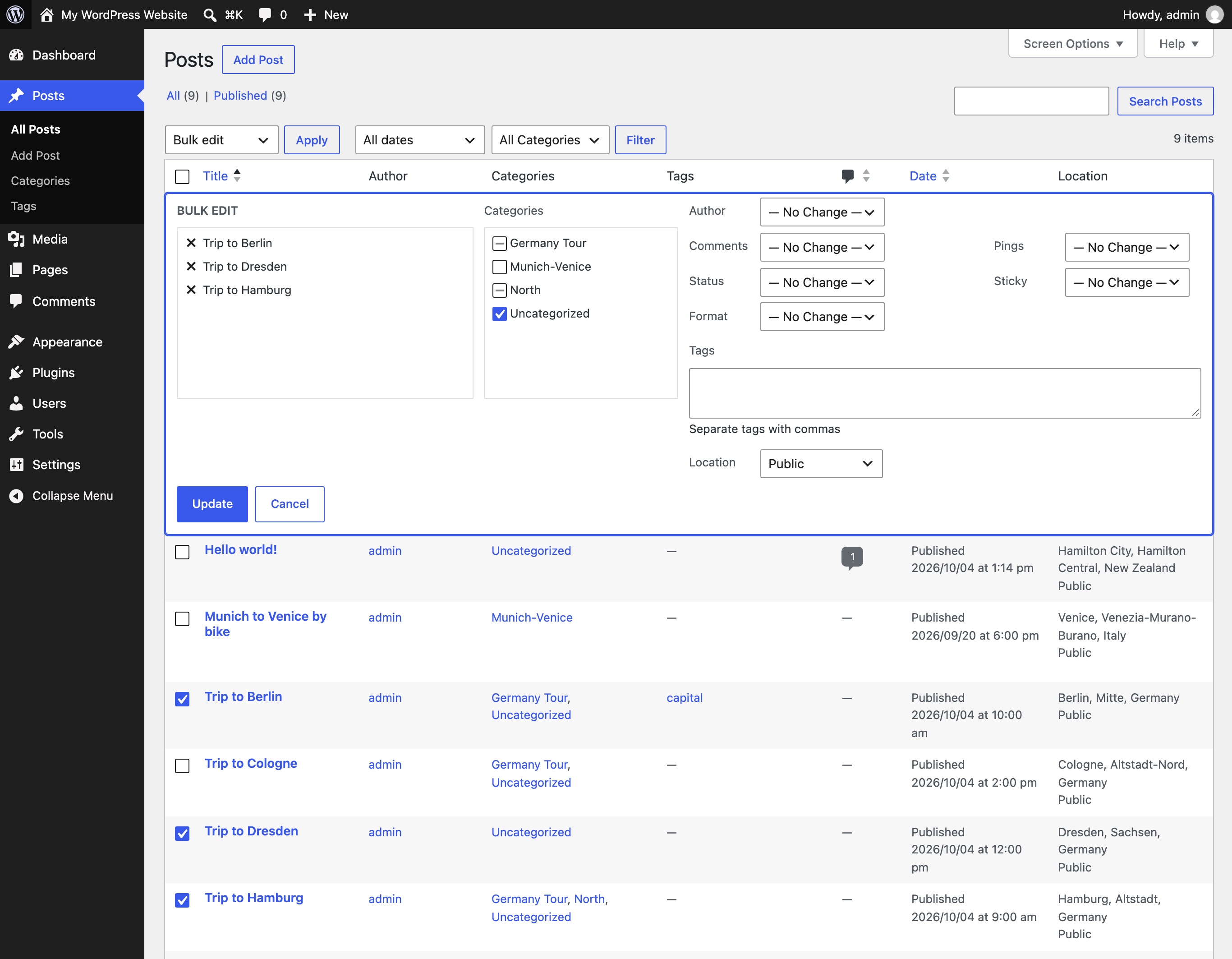 The list of posts shows every location; the bulk edit form publishes several at once