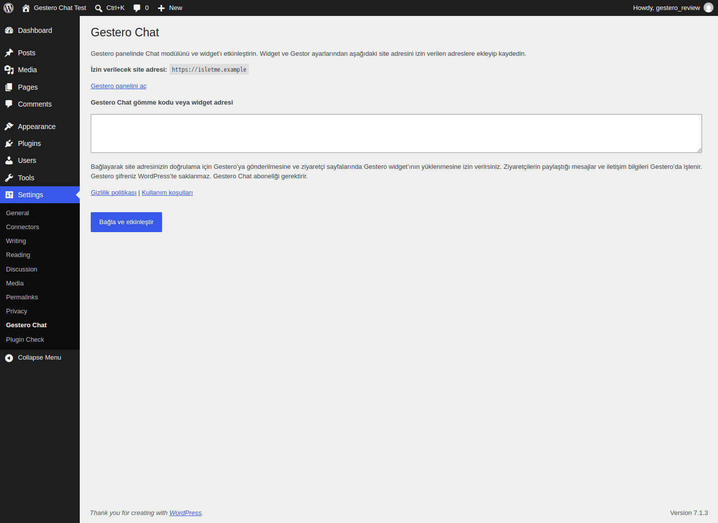 Connection settings with the website origin, embed code field and external service disclosure. The current settings interface is in Turkish.
