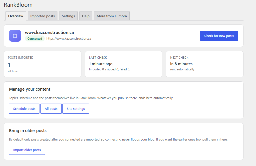 The plugin in your WordPress admin — connected, with what has been imported and when the next check runs.
