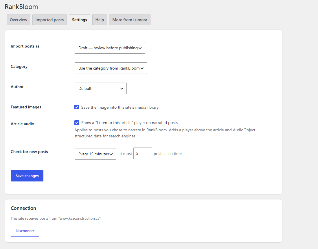 Settings — import as draft or published, pick the category and author, and choose how often to check.