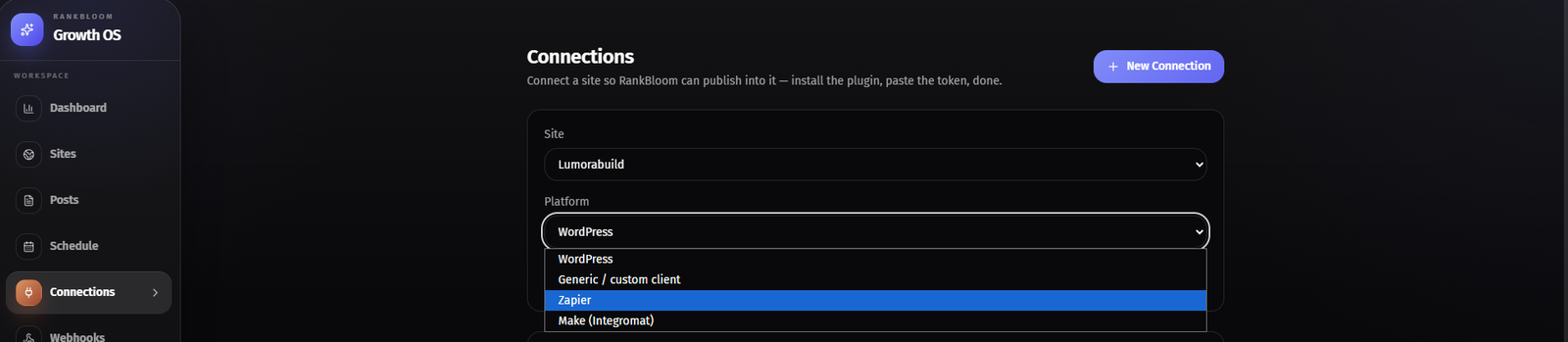 Connecting a site in RankBloom — pick the site, pick WordPress, done. No token to copy anywhere.