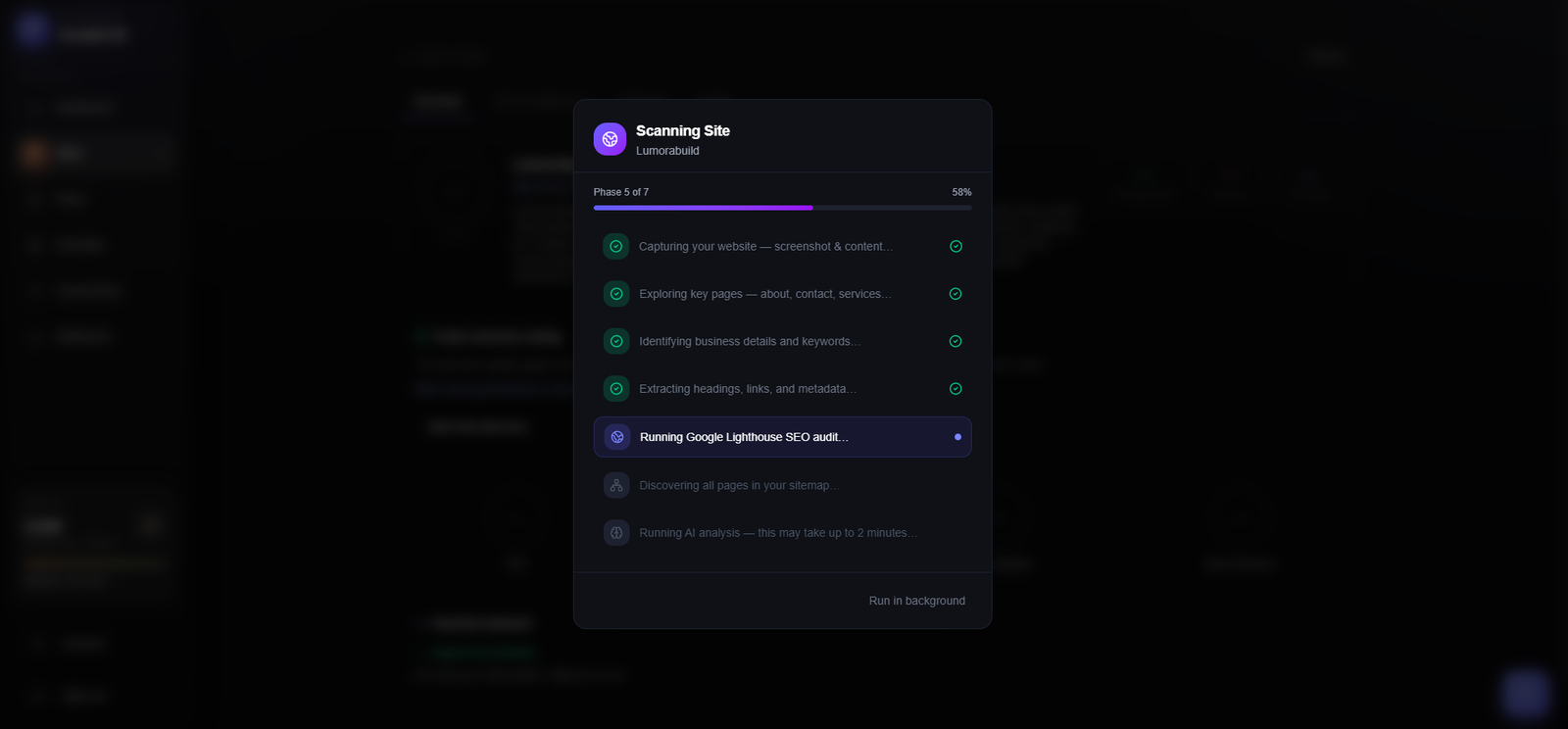 A website SEO audit running — 40+ checks including a full Google Lighthouse pass.