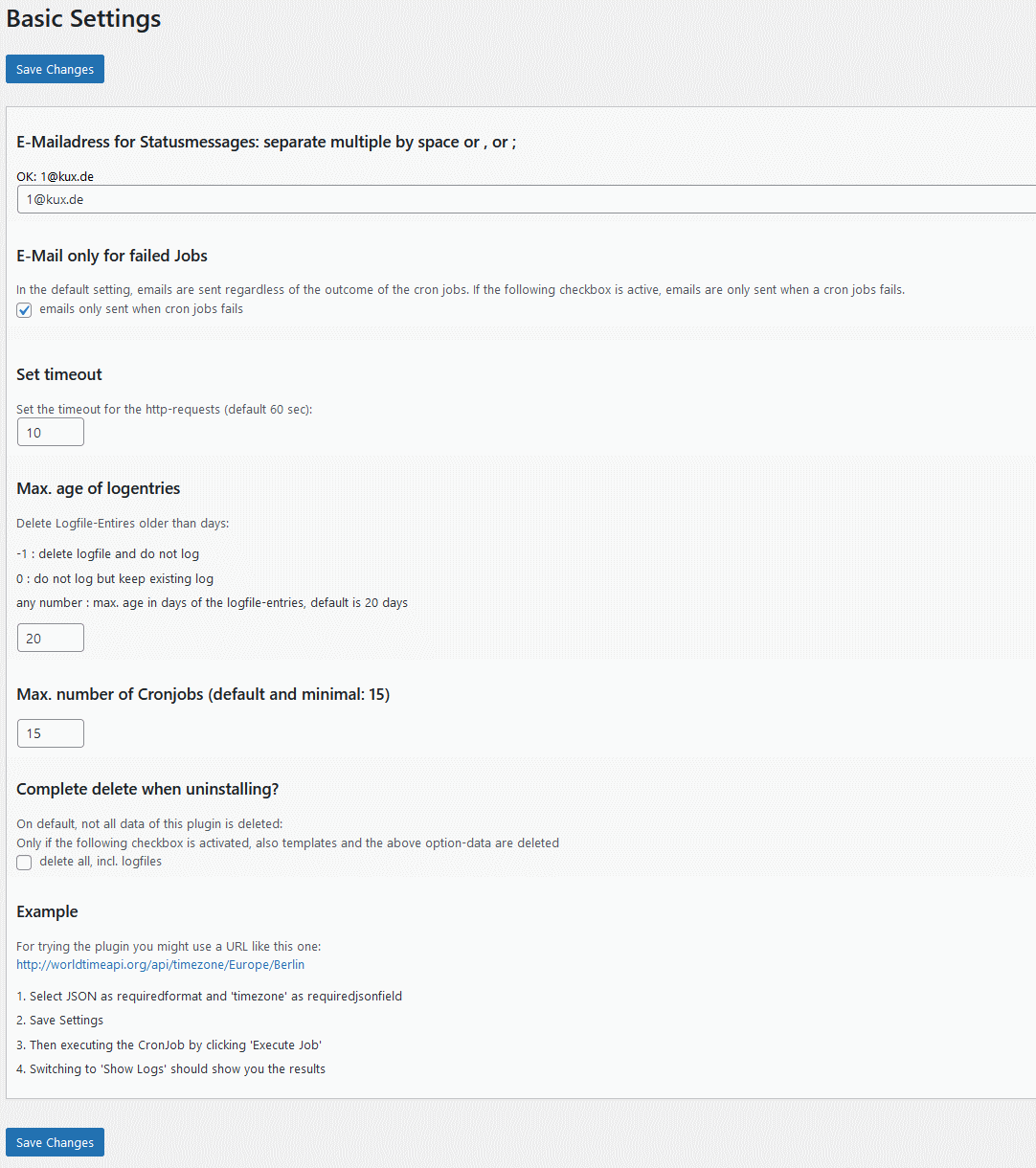 Basic settings for E-Mail-Notification, Timeout. Logfile and uninstall