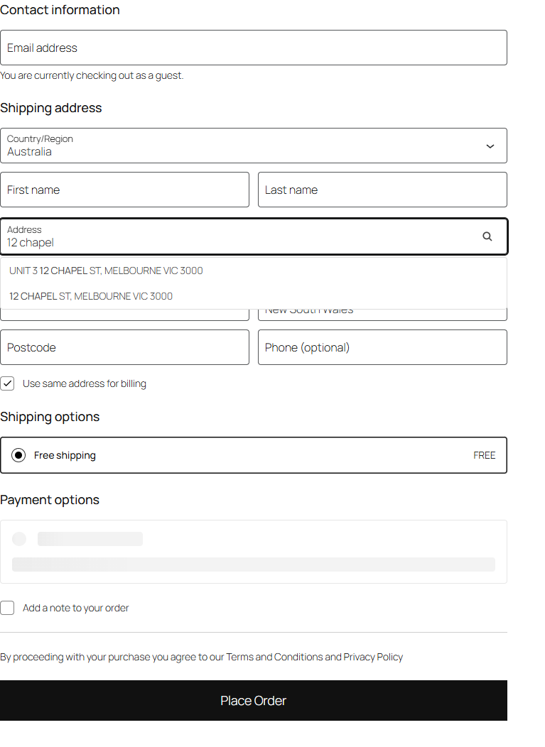 Suggestions from G-NAF as the shopper types, on the block checkout.