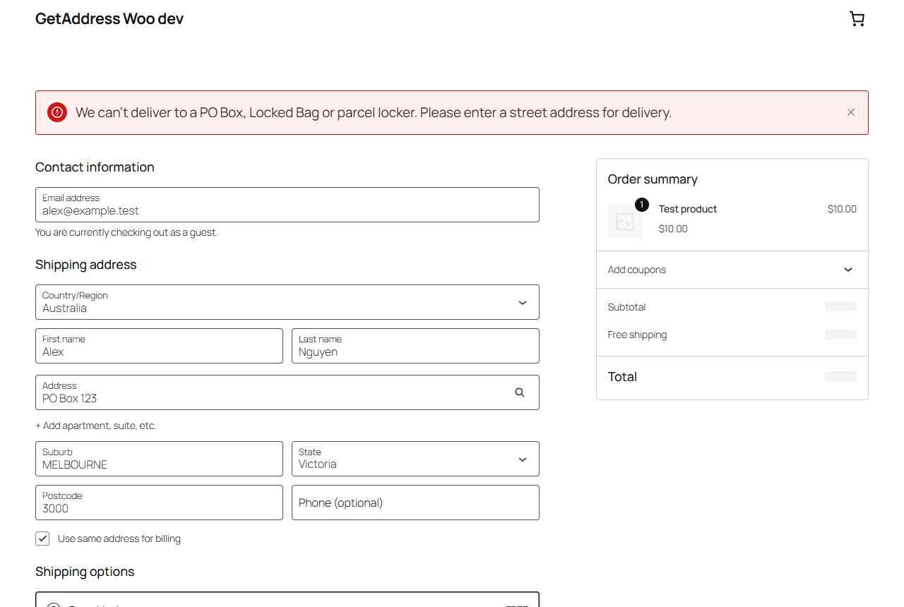 "Refuse PO Boxes" on: a PO Box is turned away as the delivery address.