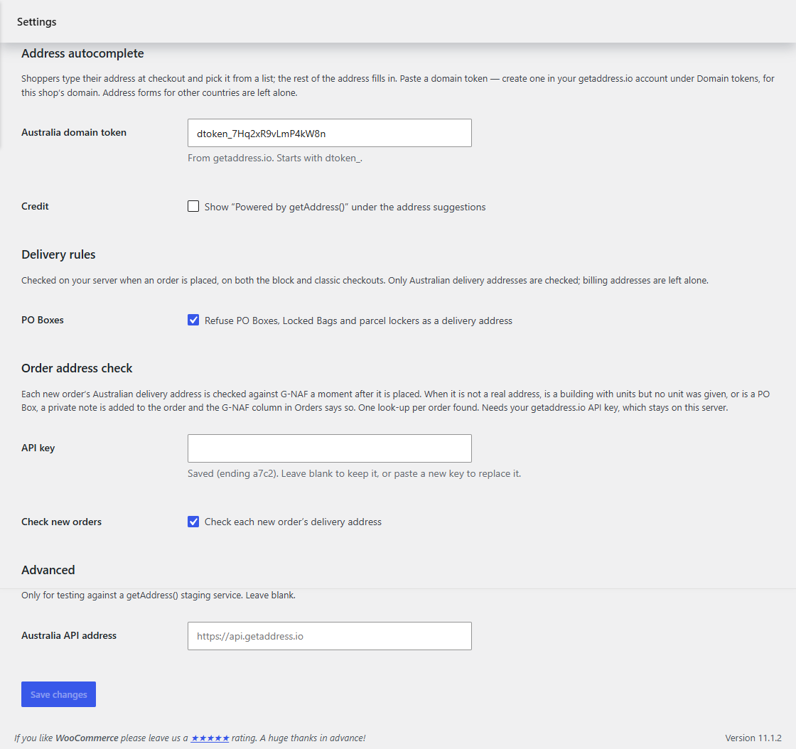 Settings: domain token, delivery rules and the order address check.