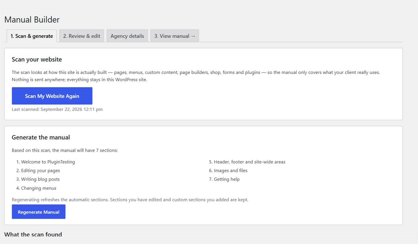 Scan the site, then generate a manual covering only the features the site actually uses.
