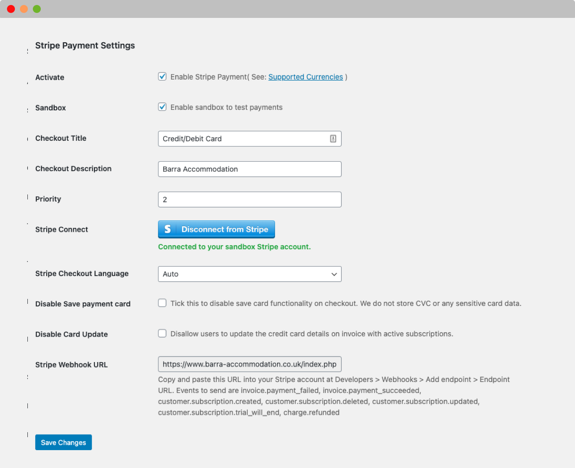 Sample settings page.