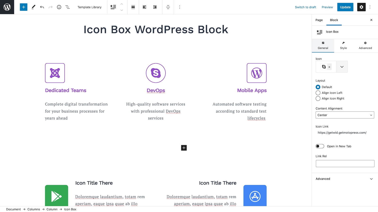 Icon Box WordPress Block.