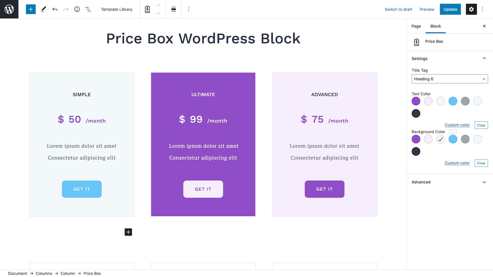 Price Box WordPress Block.