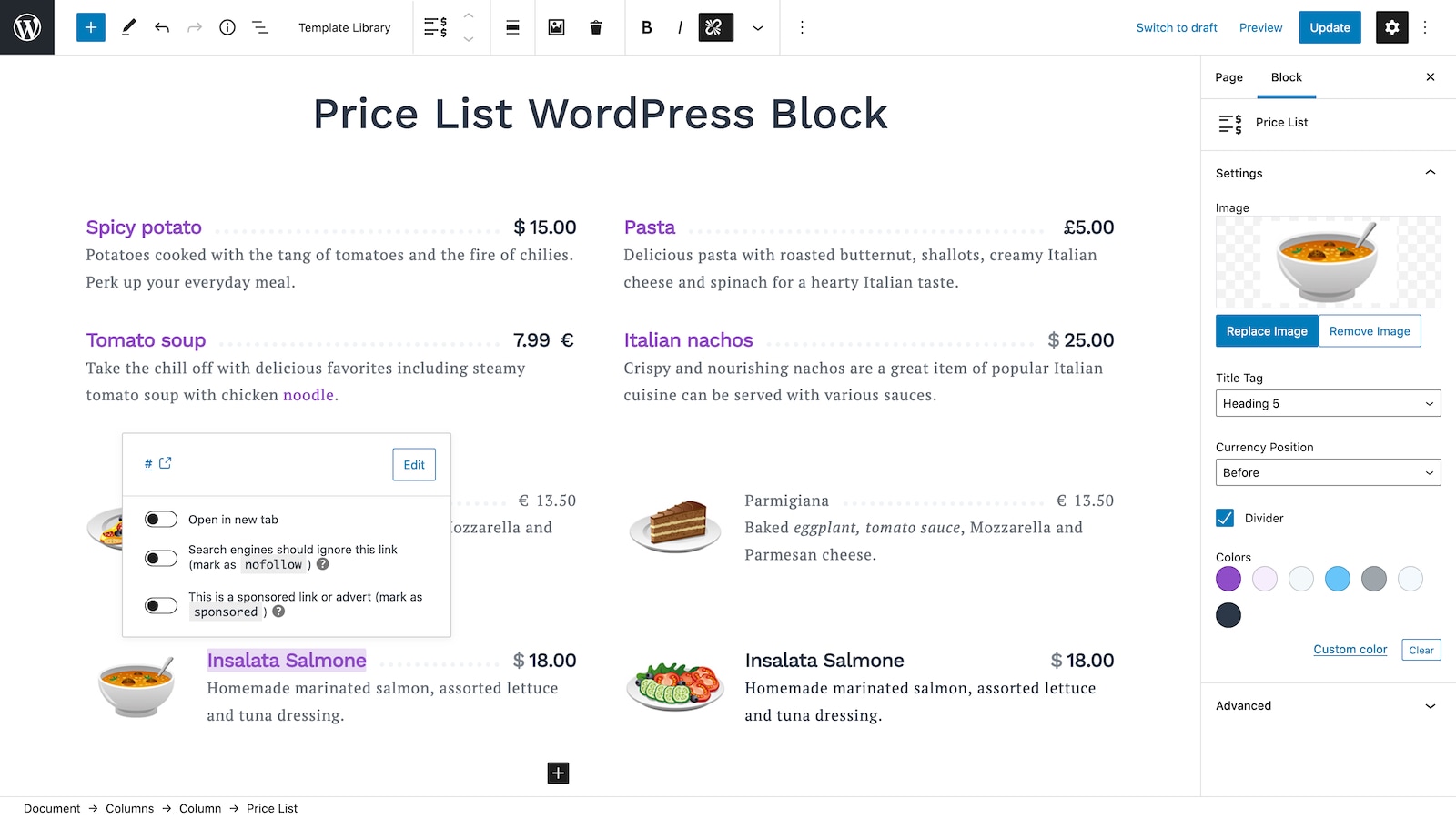 Price List WordPress Block.