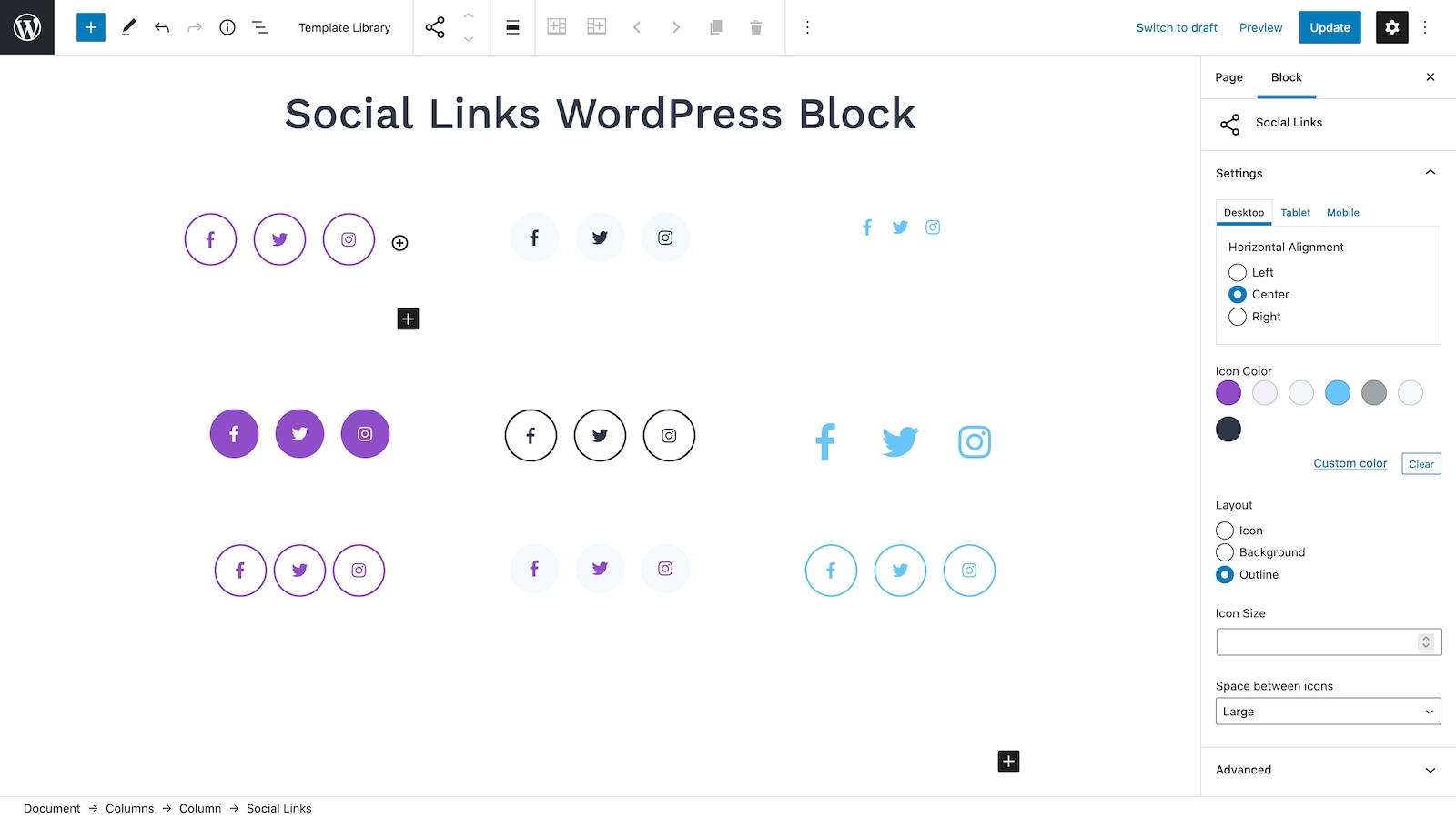 Social Links WordPress Block.