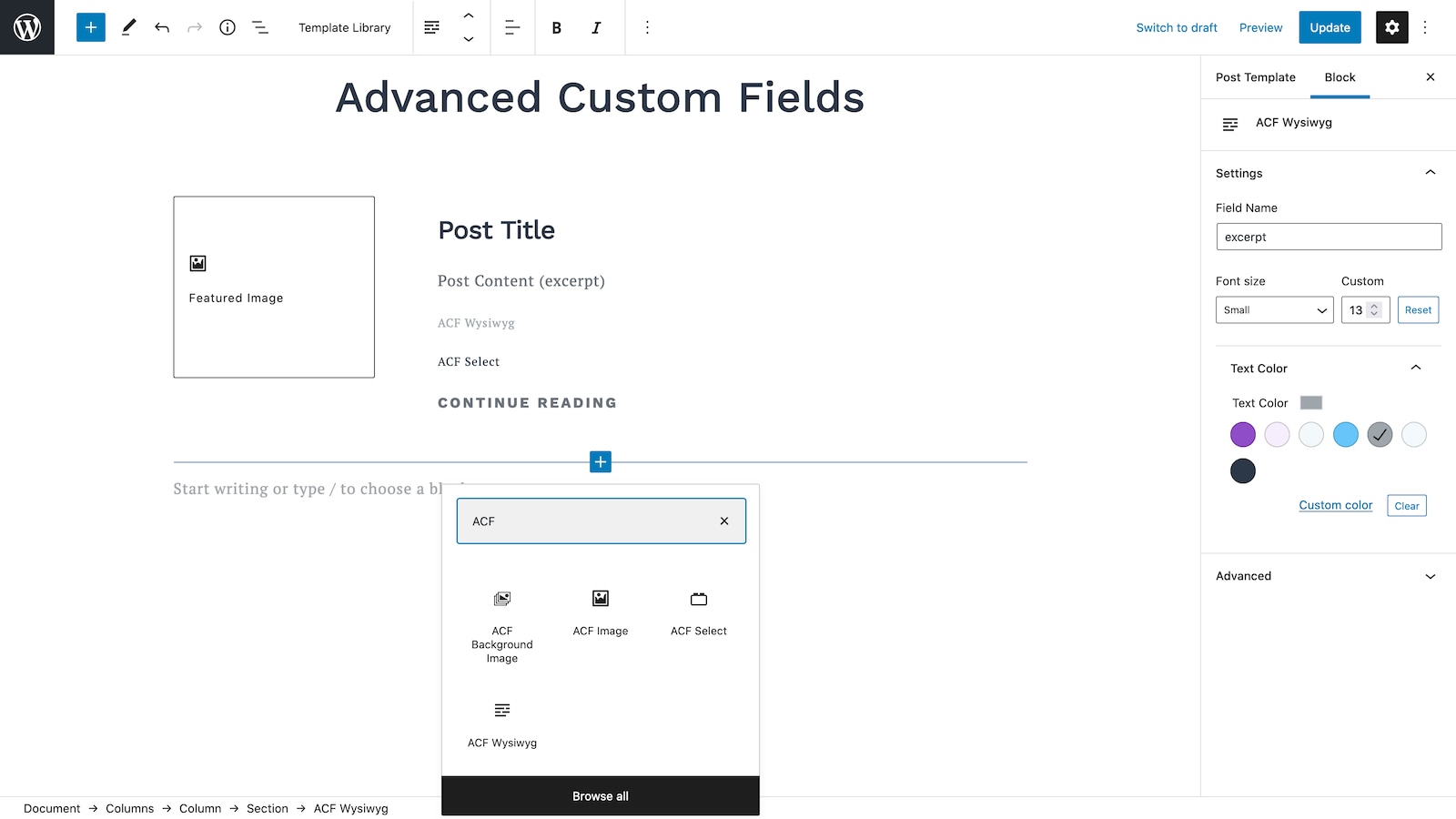 Advanced Custom Fields WordPress Block.