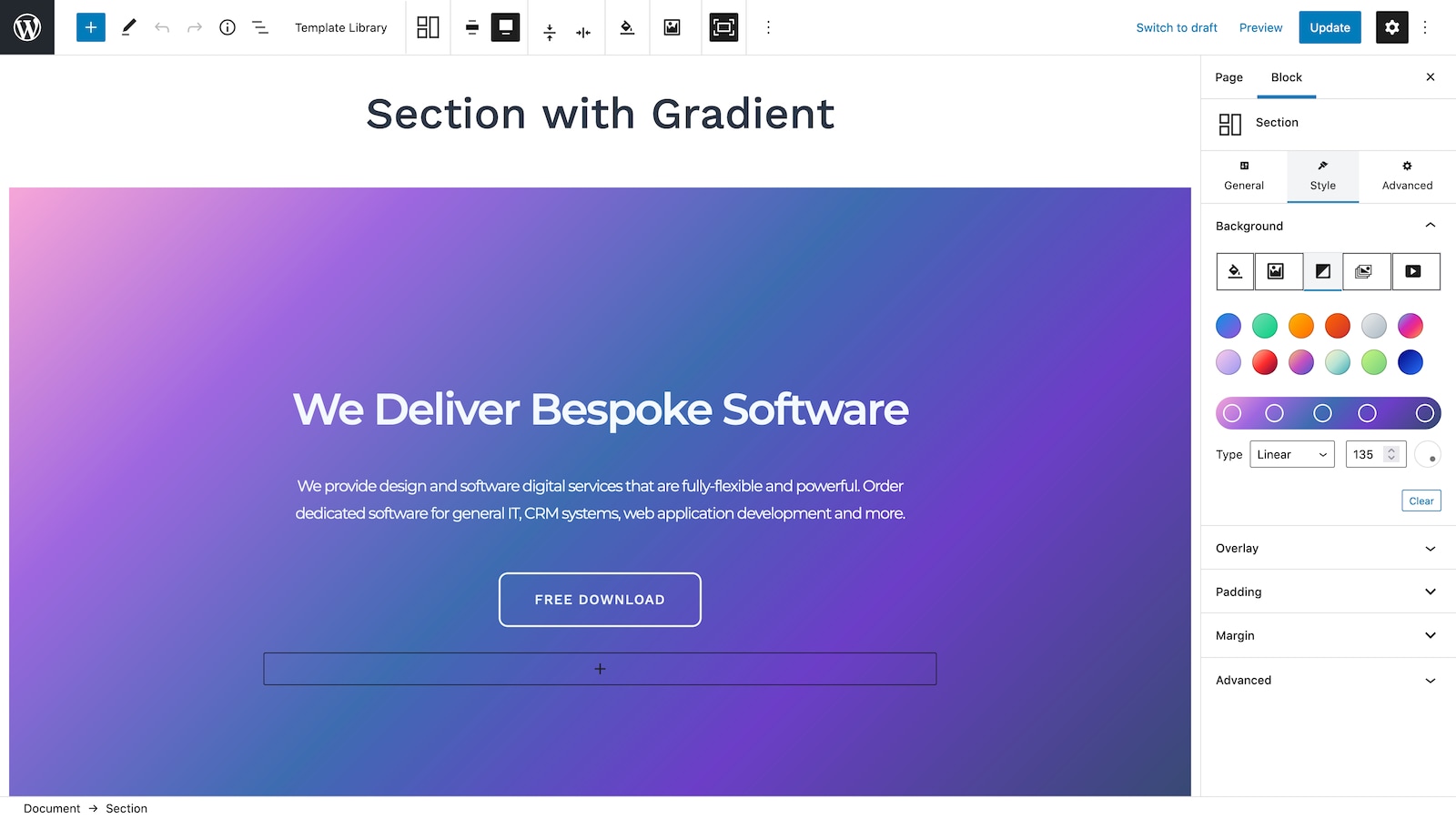 Section with Gradient WordPress Block.