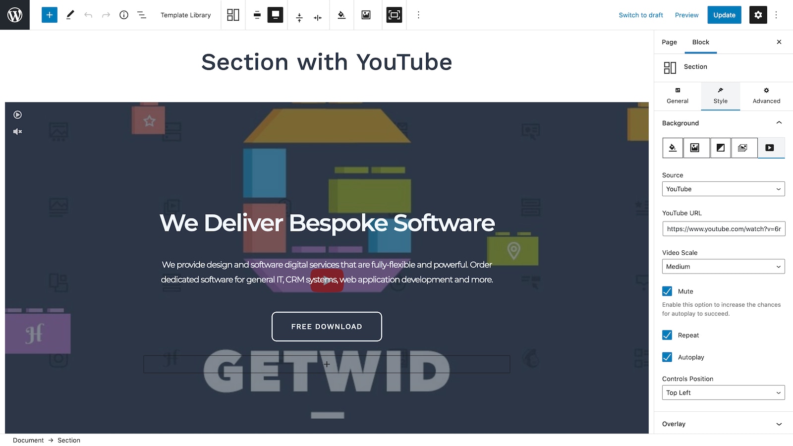 Section with Youtube WordPress Block.