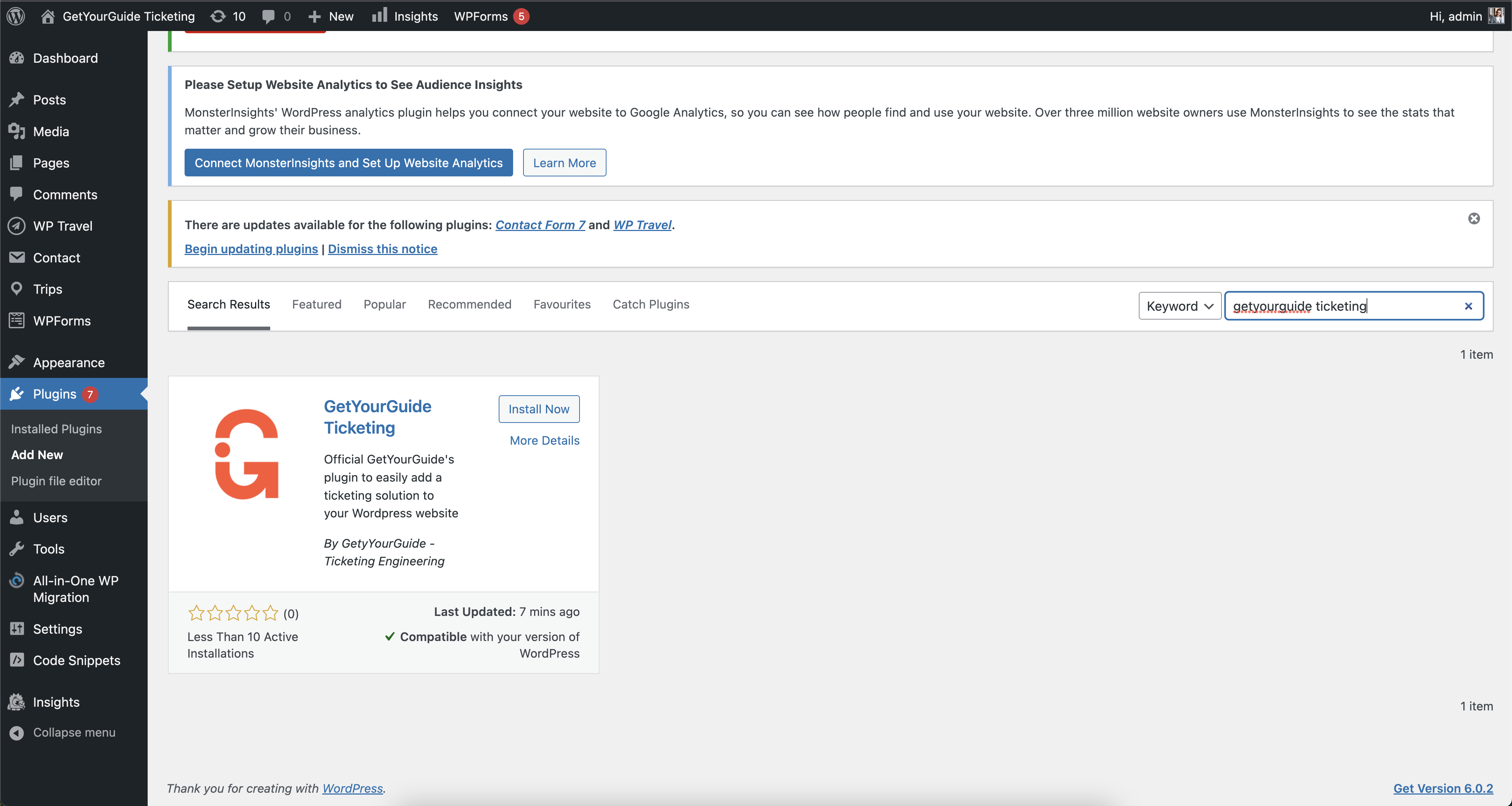 Search for our plugin: GetYourGuide Ticketing