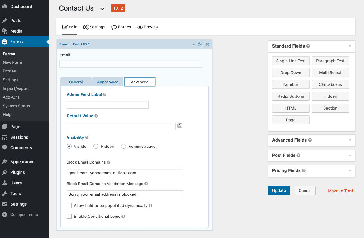 screenshot-2.png shows the block email domains and validation message fields filled out.