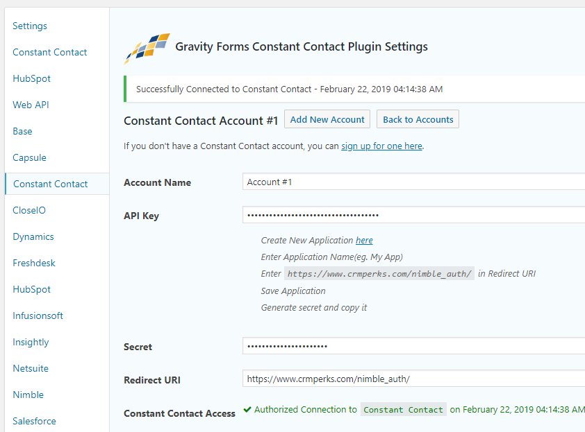 WP Gravity Forms Constant Contact Plugin