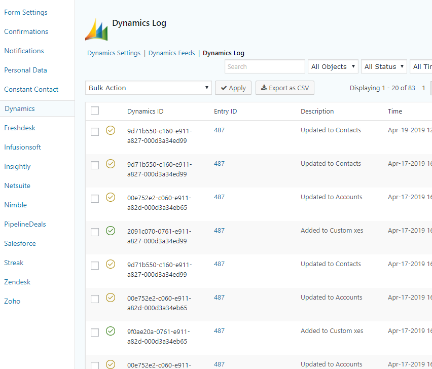 Gravity Forms Dynamics CRM logs.