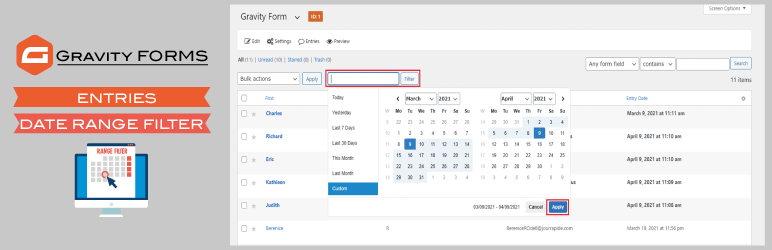 Entries Date Range Filter for Gravity Forms