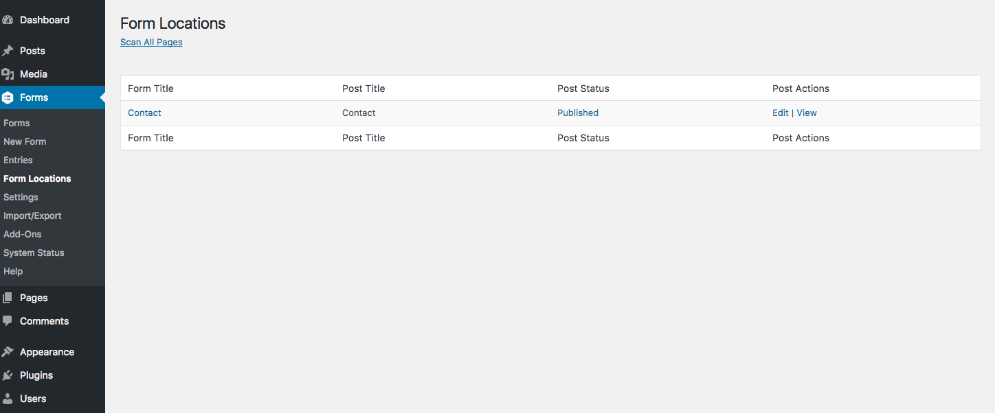 Form Locations: View all your forms and the pages/posts that they are on.