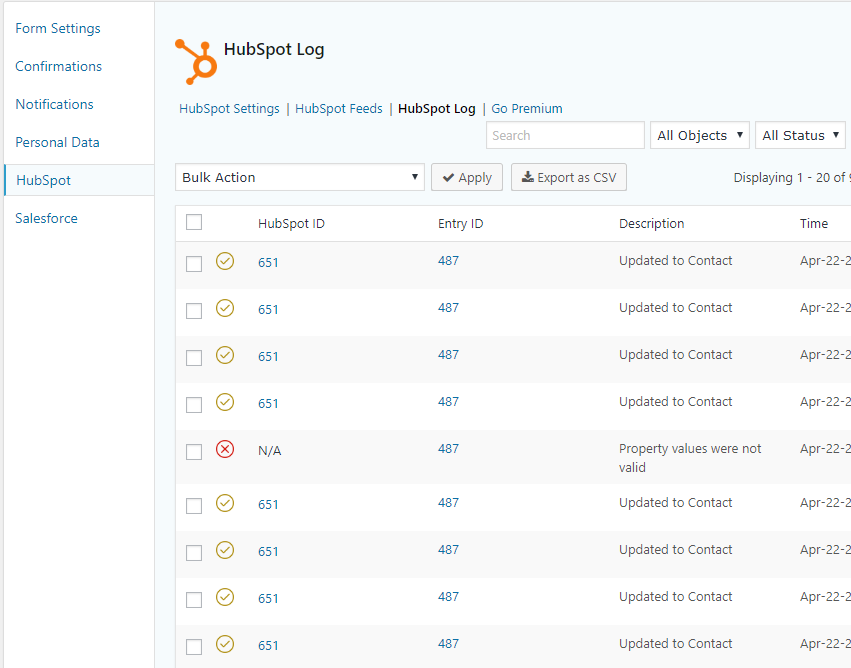 Gravity Forms HubSpot logs.