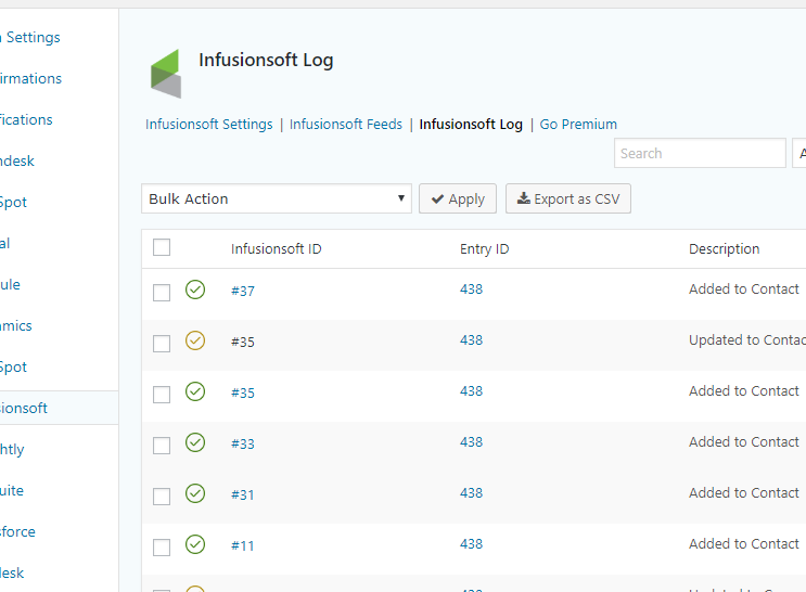 Gravity Forms Infusionsoft crm logs.