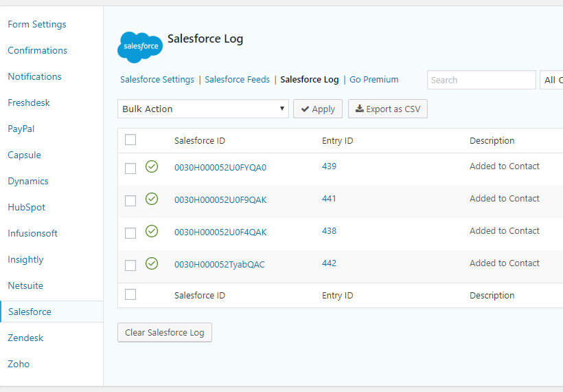 Gravity Forms Salesforce crm logs.