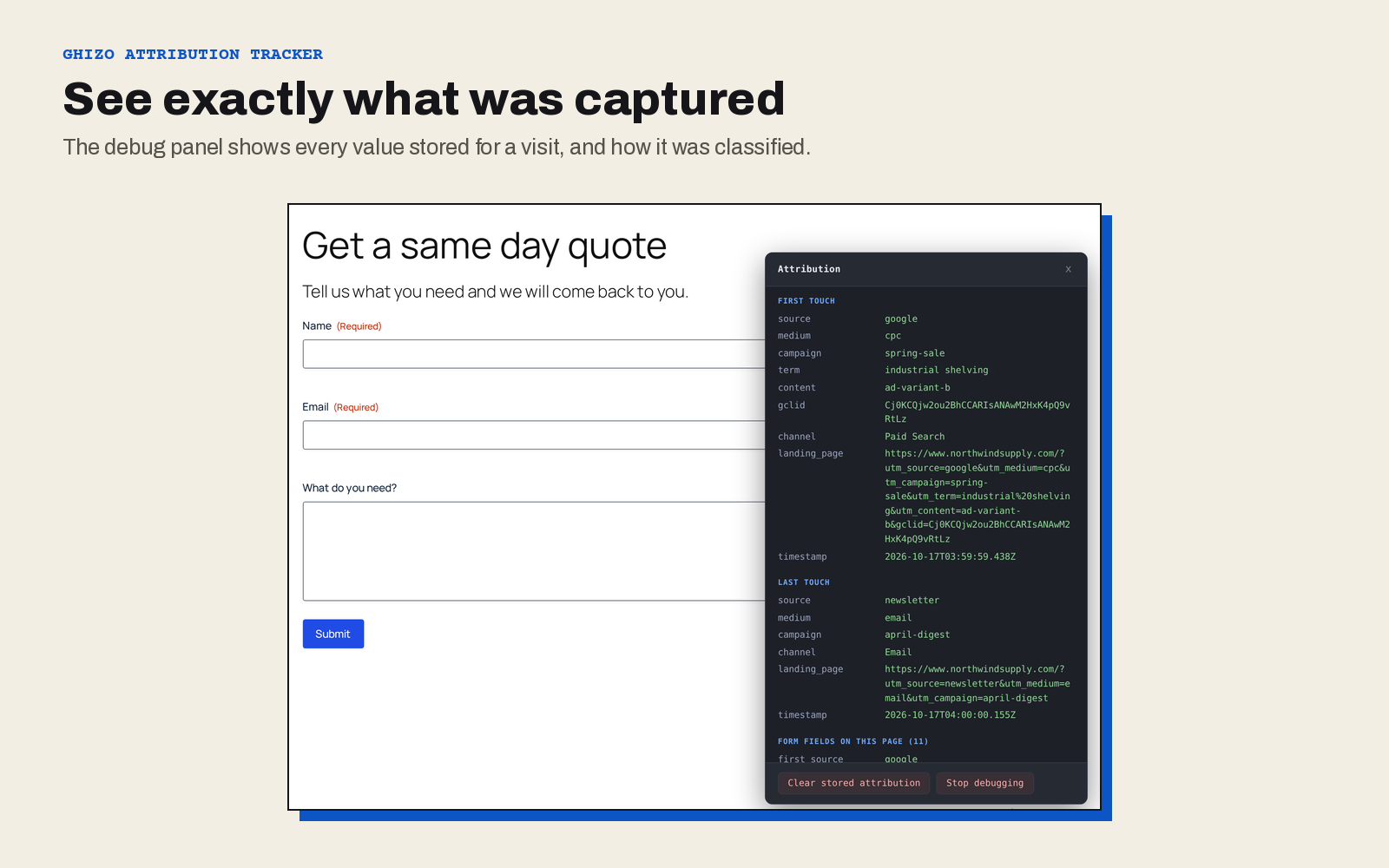 The debug panel shows exactly what was captured for a visit, and how it was classified.