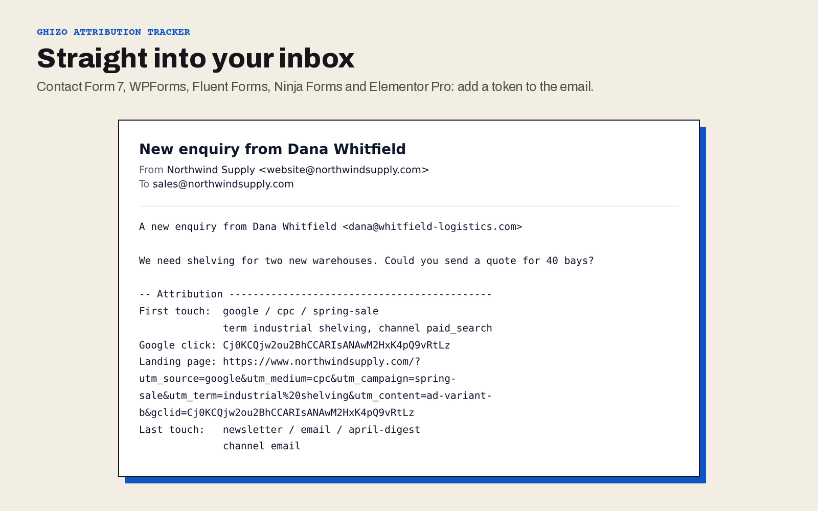 Contact Form 7, WPForms, Fluent Forms, Ninja Forms and Elementor Pro: add a token to the email and it is filled in.