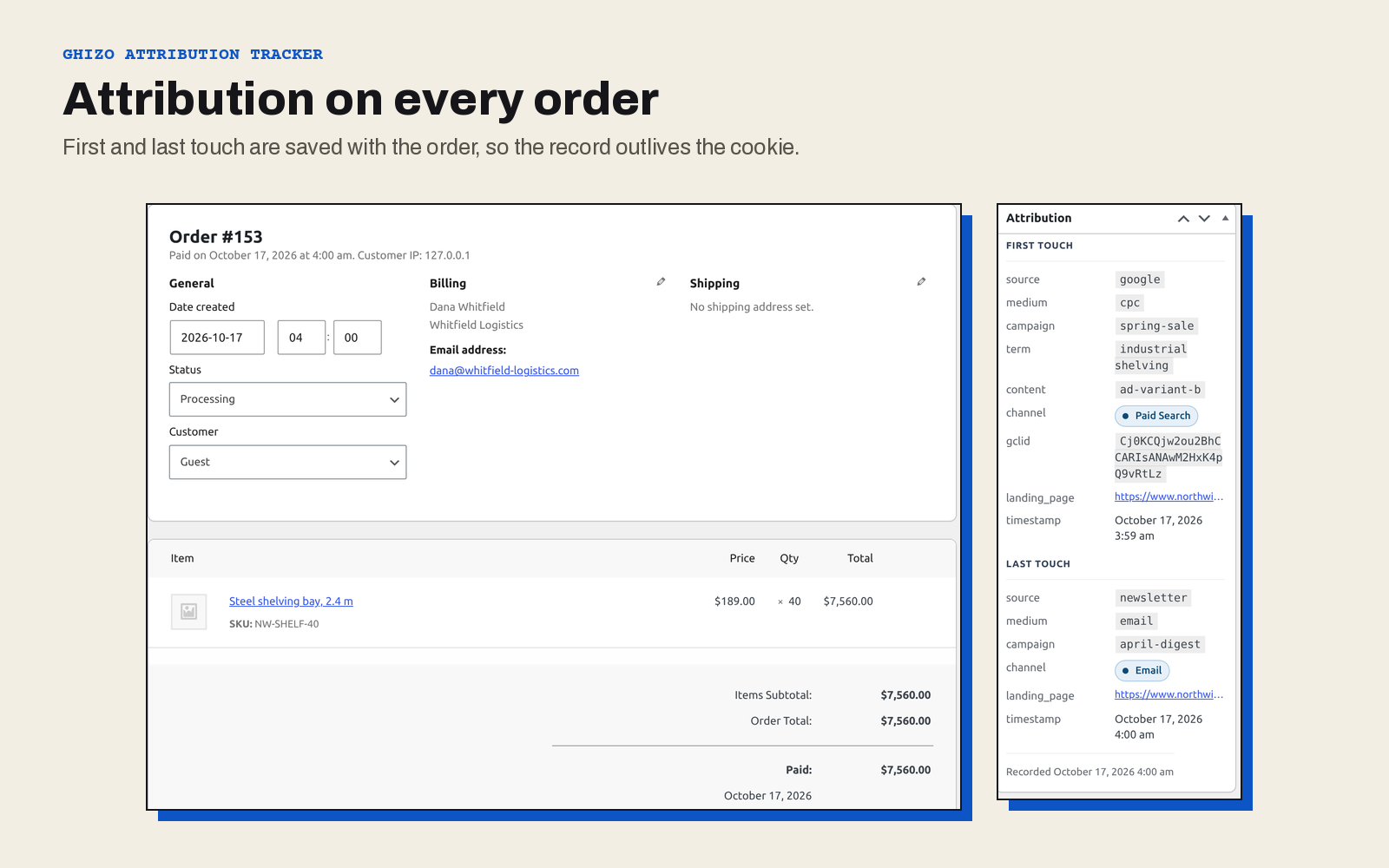 WooCommerce: first and last touch saved on every order.