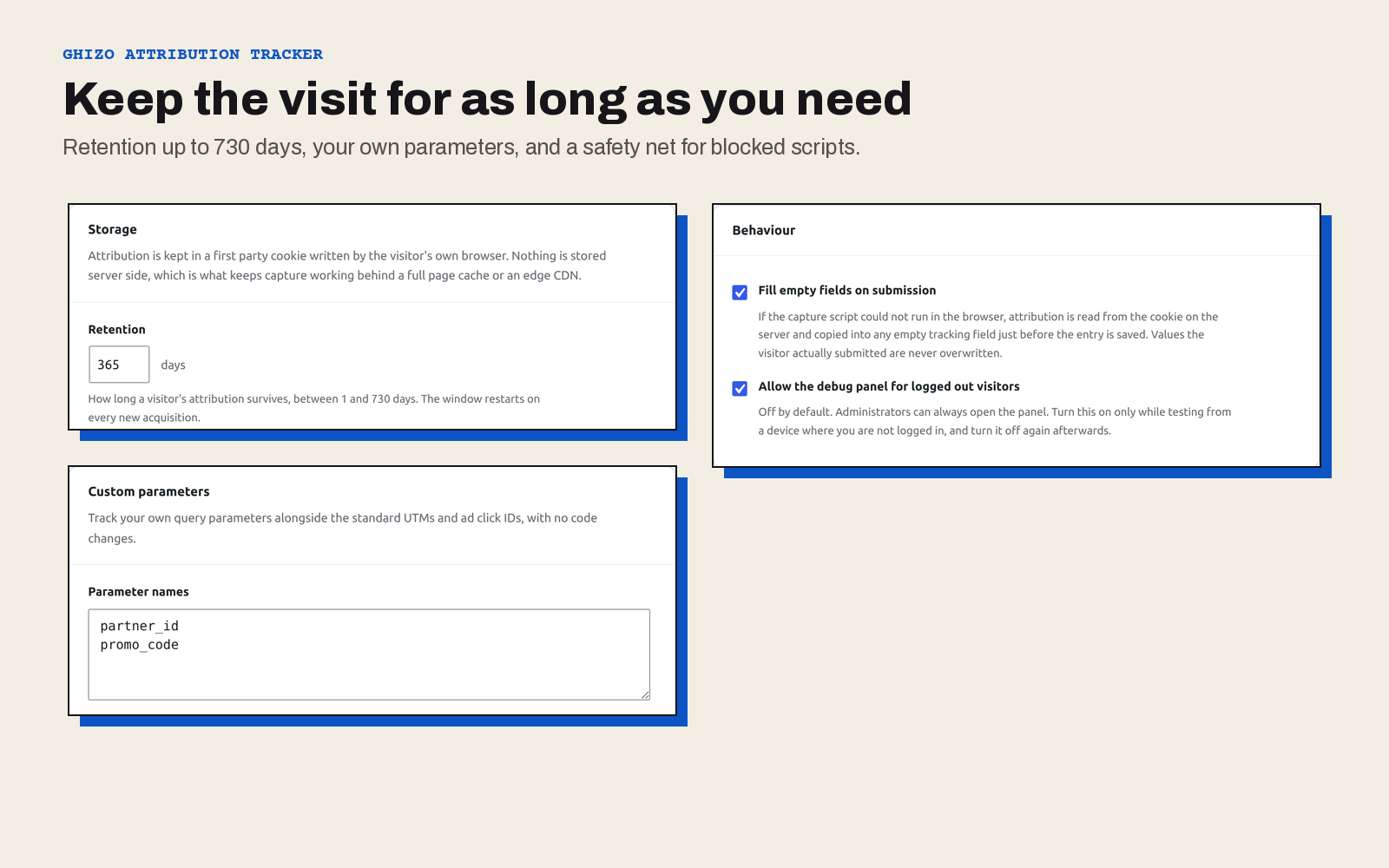 Settings: retention up to 730 days, the cookie name, and your own parameters.