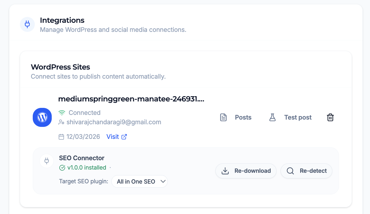 Managing the WordPress connection and SEO connector from the Ghost.blog dashboard — download the plugin, pick the target SEO plugin, and re-detect.