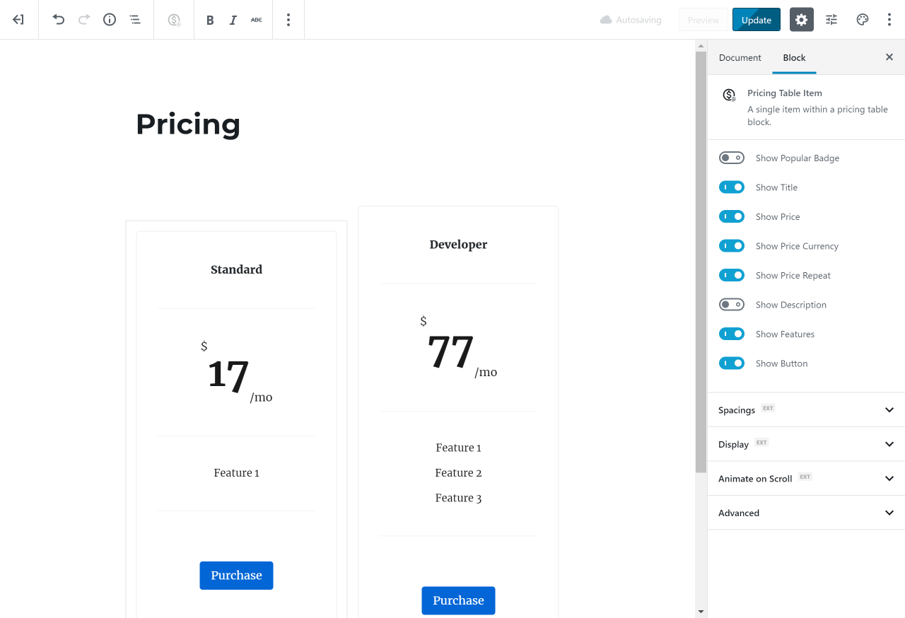 Pricing Table