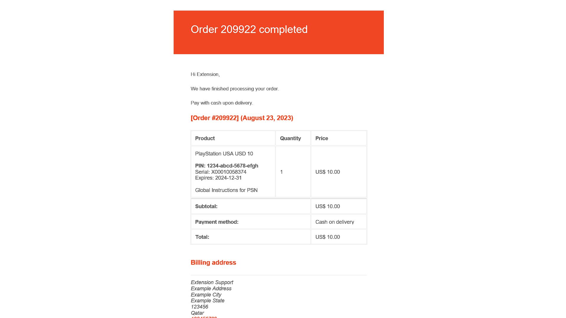 Example of customer order email including a gift card PIN