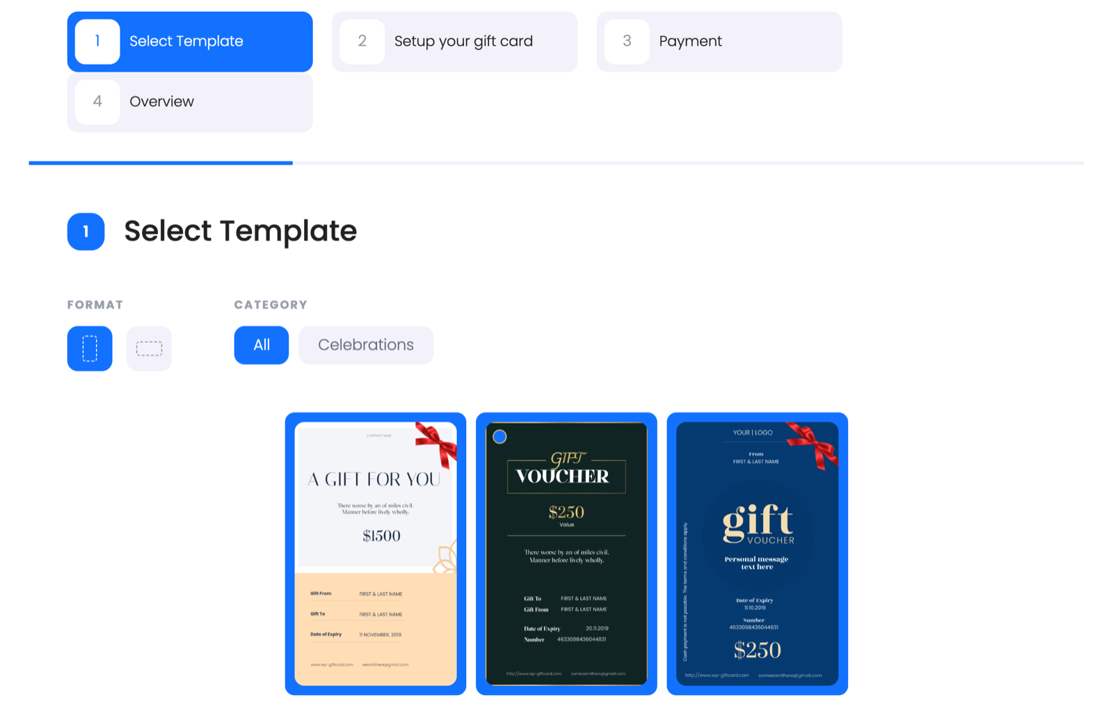Customers choose a gift card design, filtered by format and category.